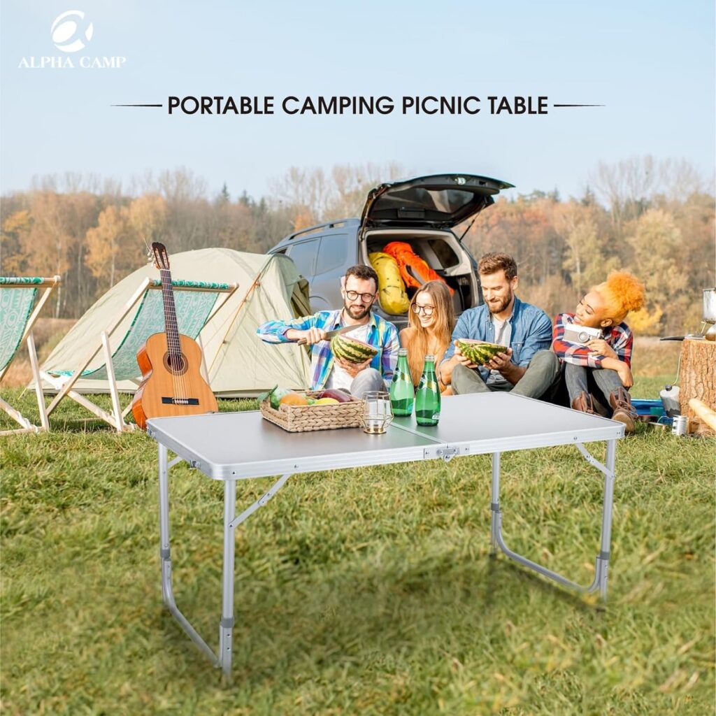 ALPHA CAMP 4ft Folding Camping Table Aluminum Adjustable Height Picnic Table Waterproof and Rust Resistant Portable Desk with Handle Stable Durable Table for Outdoor Camp Traveling Beach,10.1lbs