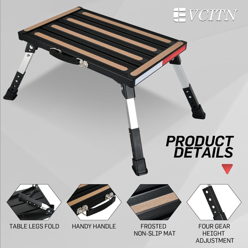 Evcitn RV Step with Table, Folding Camping Table, Bamboo Picnic Table with Carry Bag, Waterproof Woodgrain Finish, Portable Table for Travel, BBQ, Beach, RV Camping or Hiking-Black