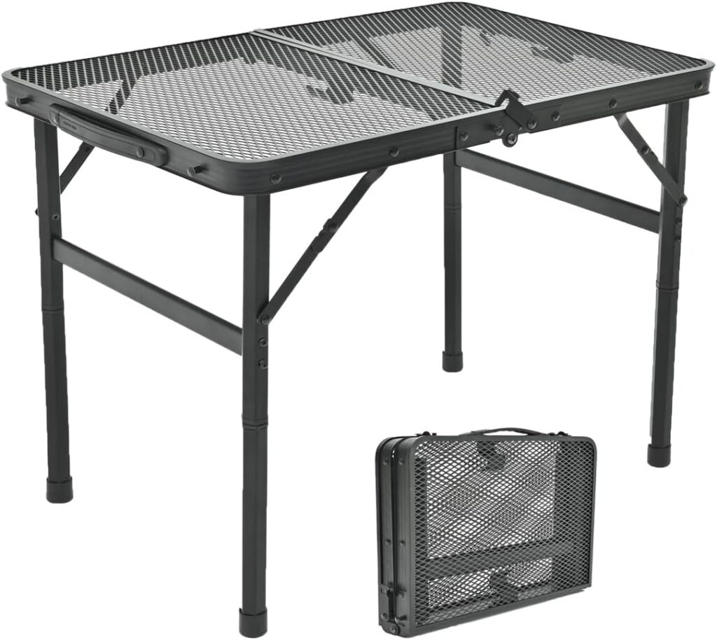 Goaylate Camping Table, 2 ft Folding Grill Table with Mesh Desktop, Anti-Slip Feet, Height Adjustable, Lightweight Portable Aluminum Outdoor Table for Camping, Picnic, RV, BBQ (23.6X16X22.5)