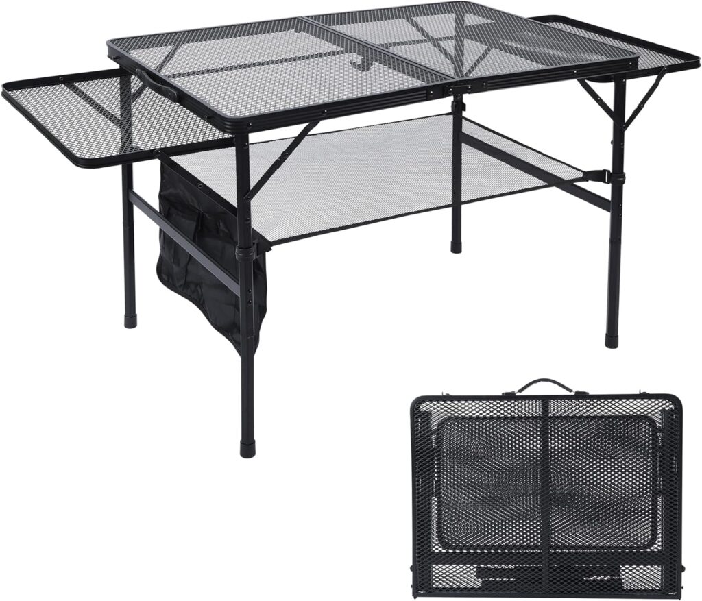 JOUYEK Folding Grill Table, 3x2 FT Portable Camping Table with 2 Wing Panels, Height Adjustable Metal Table with Mesh Desktop and Mesh Bag, Outdoor Table for Camping, Picnic, Beach and BBQ, Black