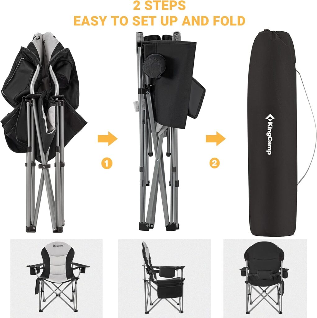 KingCamp Lumbar Support Camping Chairs with Cooler Bag Padded Folding Camping Chair for Adults with Adjustable Armrest Foldable Camp Chair Cup Holder Side and Head Pocket for Picnic Fishing,Max 353lbs