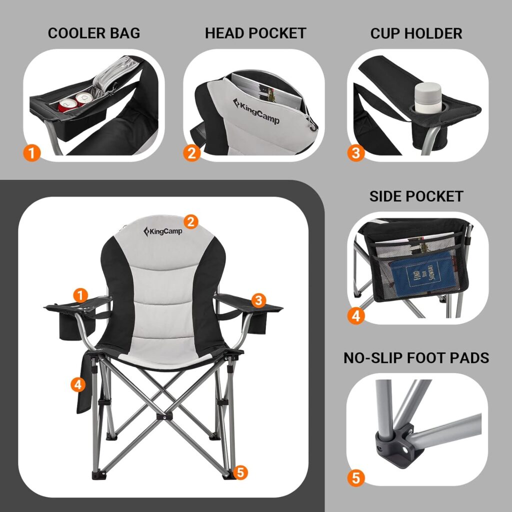 KingCamp Lumbar Support Camping Chairs with Cooler Bag Padded Folding Camping Chair for Adults with Adjustable Armrest Foldable Camp Chair Cup Holder Side and Head Pocket for Picnic Fishing,Max 353lbs