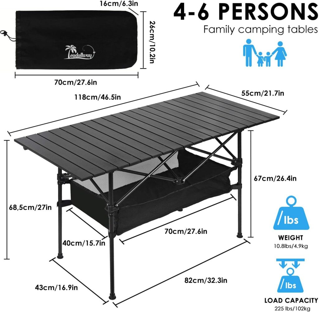 LEADALLWAY Adjustable Height Aluminum Camping Table Folding Portable Outdoor Table with Large Storage Organizer and Carrying Bags Big Foot Upgrade Collapsible Picnic Table 47(L) x22(W)