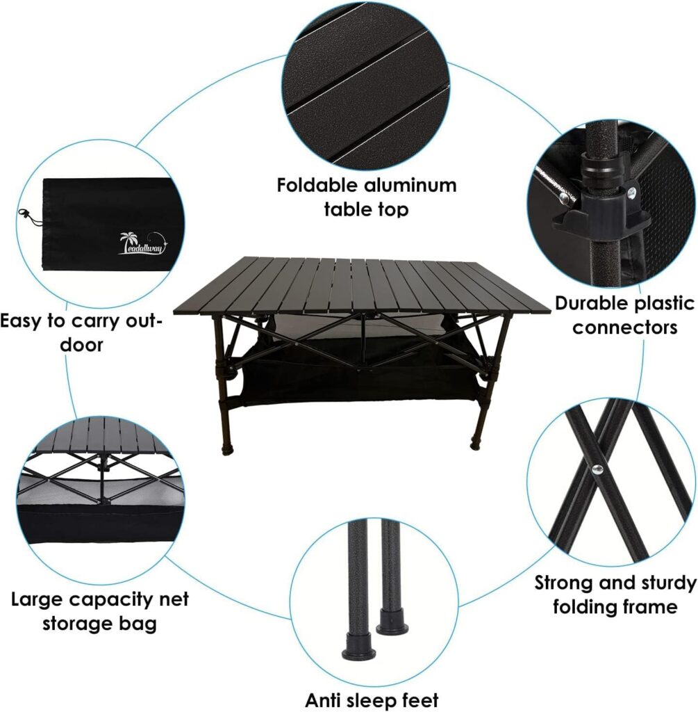 LEADALLWAY Adjustable Height Aluminum Camping Table Folding Portable Outdoor Table with Large Storage Organizer and Carrying Bags Big Foot Upgrade Collapsible Picnic Table 47(L) x22(W)