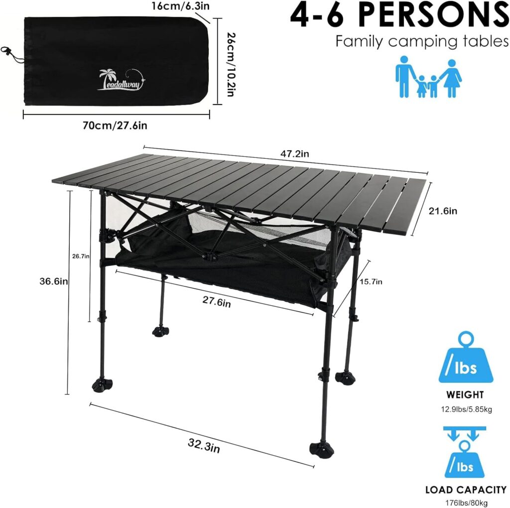 LEADALLWAY Adjustable Height Aluminum Camping Table Folding Portable Outdoor Table with Large Storage Organizer and Carrying Bags Big Foot Upgrade Collapsible Picnic Table 47(L) x22(W)