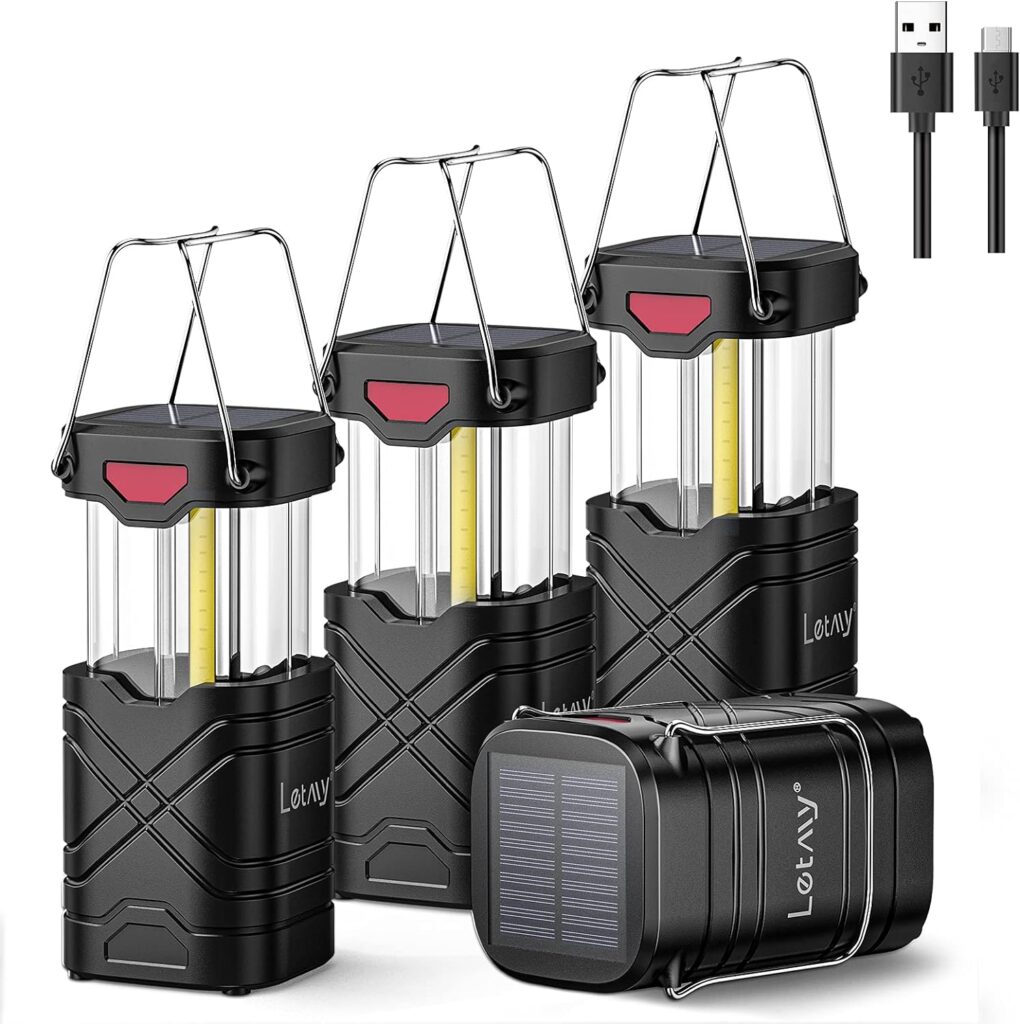 LETMY 4 Pack Camping Lantern, Rechargeable LED Lanterns, Solar Lantern Battery Powered Hurricane Lantern Flashlights with 3 Powered Ways USB Cable for Emergency, Power Outage, Hurricane Supplies