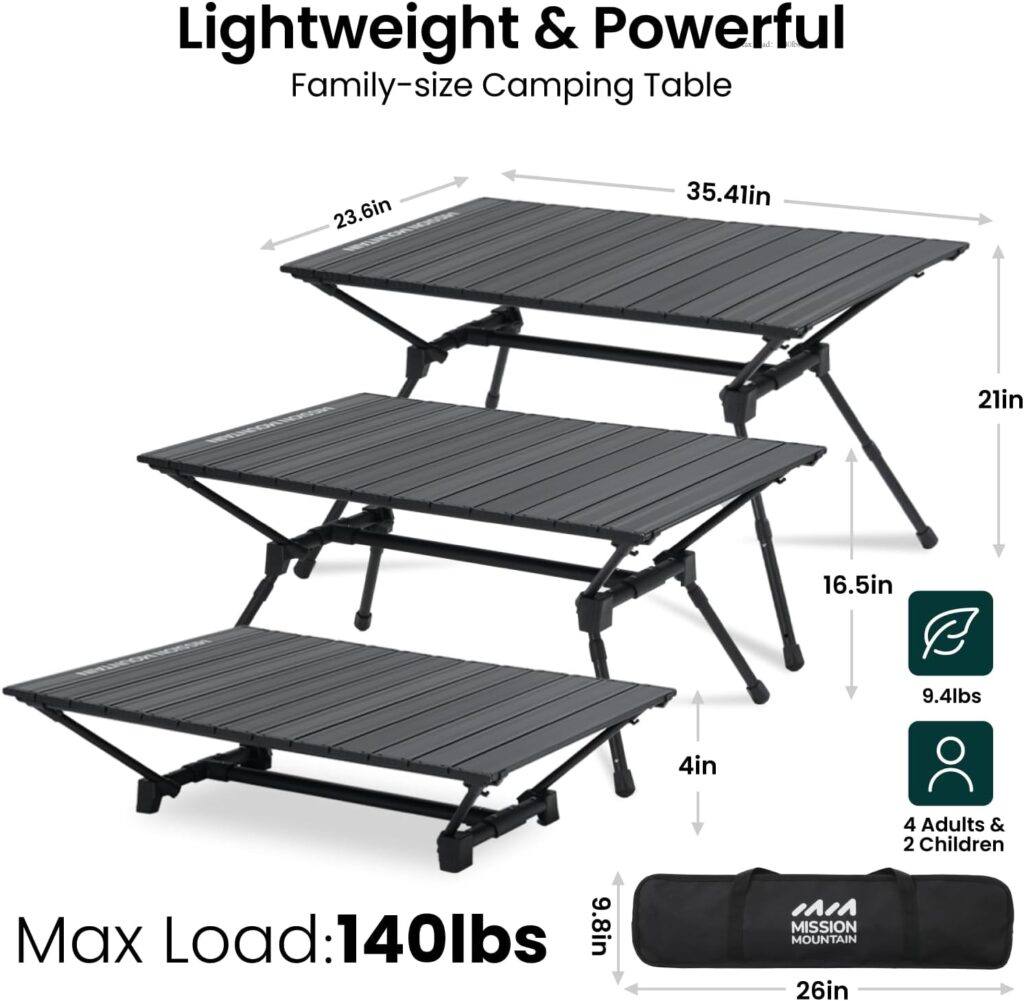 MISSION MOUNTAIN S4 Camping Table, Outdoor Folding Table with Carry Bag, Adjustable Height Aluminum Roll Up Camp Table, Portable Picnic Table, Stable Durable Tabletop for Beach,Backyard (Black)