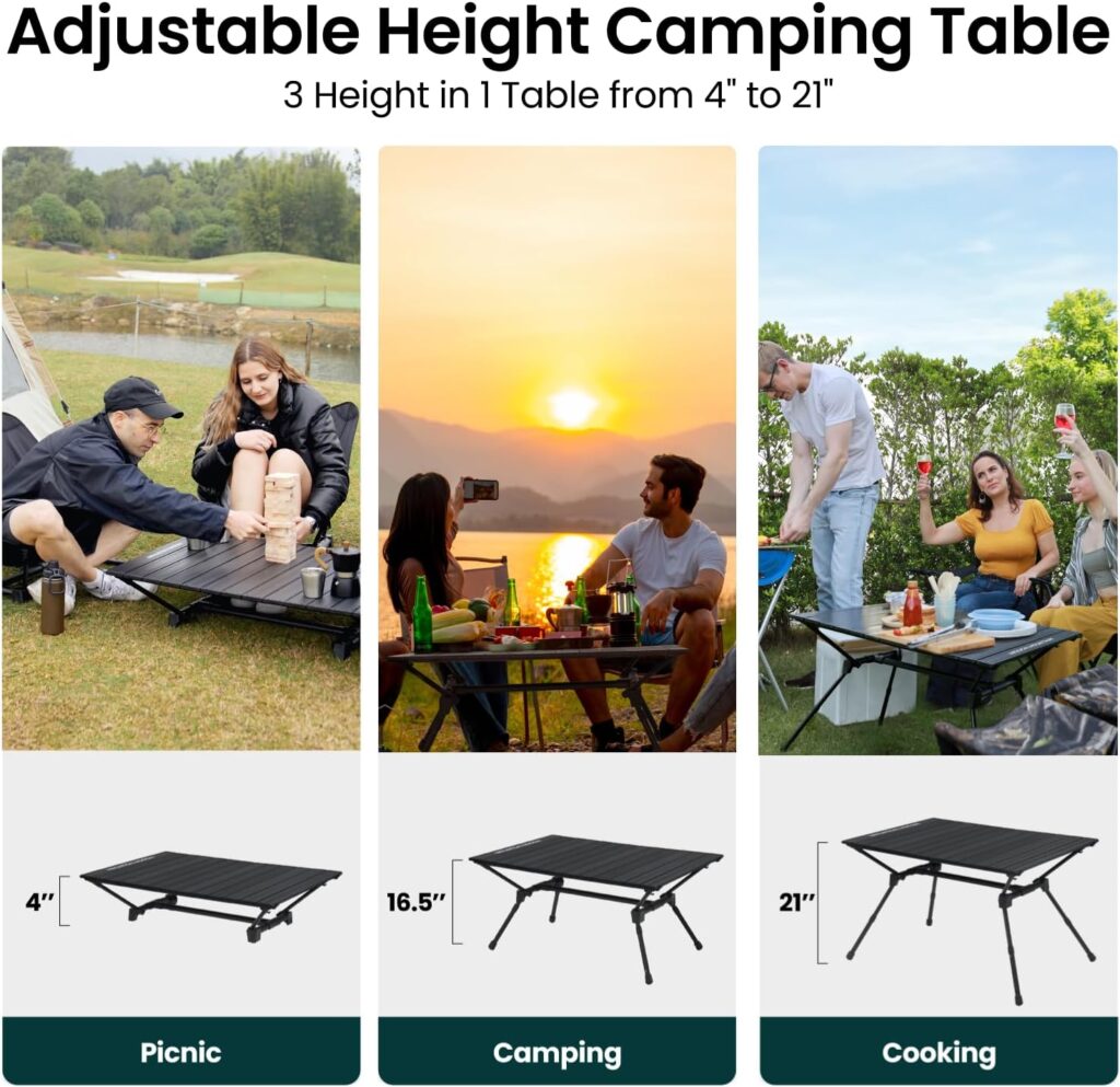 MISSION MOUNTAIN S4 Camping Table, Outdoor Folding Table with Carry Bag, Adjustable Height Aluminum Roll Up Camp Table, Portable Picnic Table, Stable Durable Tabletop for Beach,Backyard (Black)