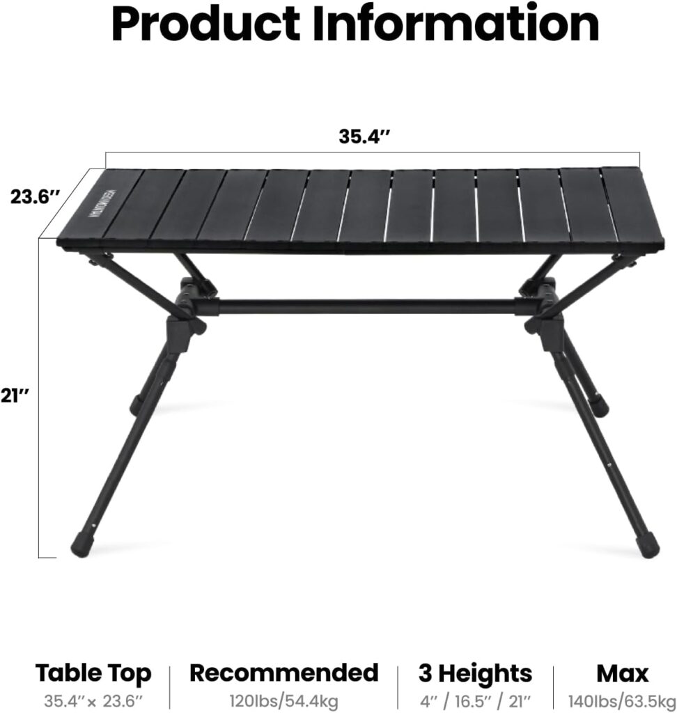 MISSION MOUNTAIN S4 Camping Table, Outdoor Folding Table with Carry Bag, Adjustable Height Aluminum Roll Up Camp Table, Portable Picnic Table, Stable Durable Tabletop for Beach,Backyard (Black)