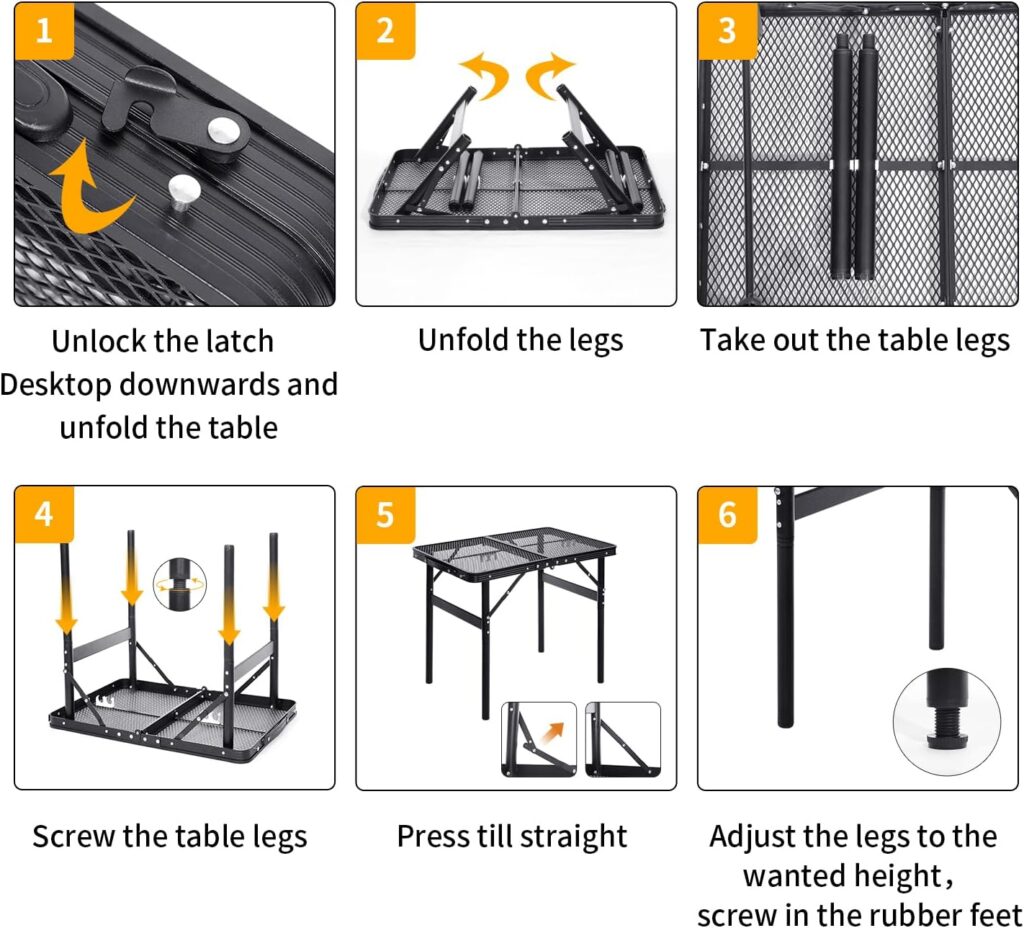 Moosinily Folding Table 2Ft Camping Table with Carry Handle Adjustable Height Picnic Table Mesh Top Small Portable Table for Outdoor Indoor Grill BBQ Travel Barbucue Beach Black