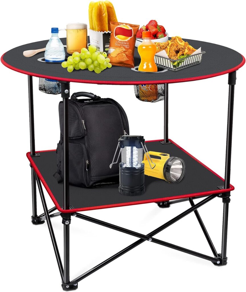 Portable Camping Table Folding Picnic Tables Lightweight Folding Table Waterproof Canvas Beach Table for Outside with 4 Cup Holders Carry Bags for Camping, Beach, Campfires and Tailgating