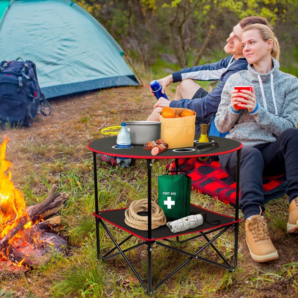 Portable Camping Table Folding Picnic Tables Lightweight Folding Table Waterproof Canvas Beach Table for Outside with 4 Cup Holders Carry Bags for Camping, Beach, Campfires and Tailgating