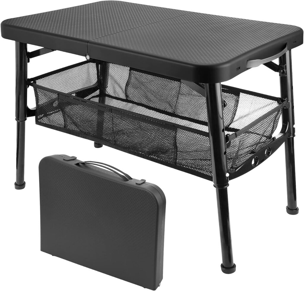 Portable Folding Table, Height Adjustable Camping Table with Mesh Storage Organizer, Lightweight Telescopic Table with Load Capacity 55lbs for Outdoors, Indoor, Camping, BBQ, Picnic, Beach (Black)