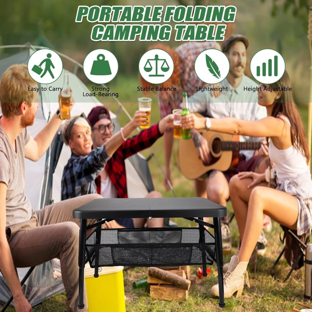 Portable Folding Table, Height Adjustable Camping Table with Mesh Storage Organizer, Lightweight Telescopic Table with Load Capacity 55lbs for Outdoors, Indoor, Camping, BBQ, Picnic, Beach (Black)