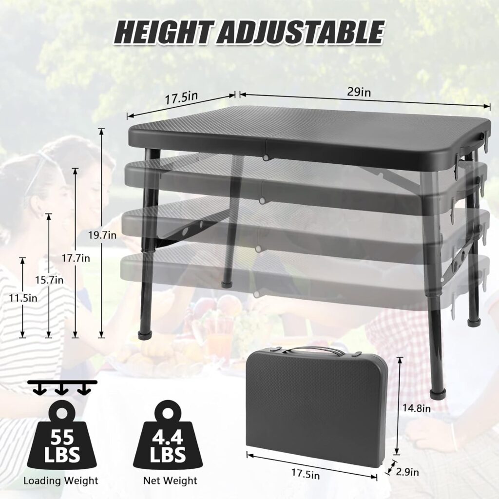 Portable Folding Table, Height Adjustable Camping Table with Mesh Storage Organizer, Lightweight Telescopic Table with Load Capacity 55lbs for Outdoors, Indoor, Camping, BBQ, Picnic, Beach (Black)