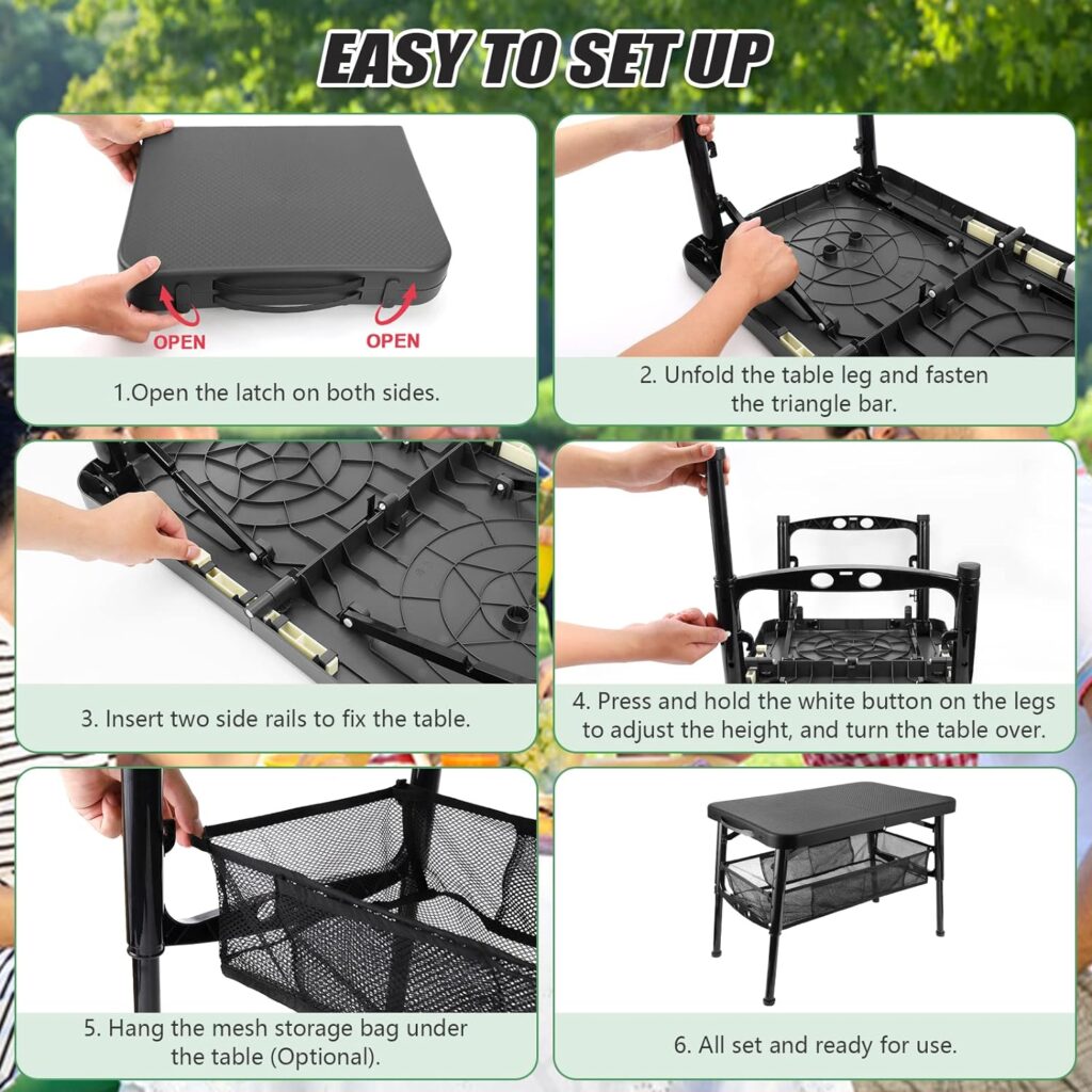 Portable Folding Table, Height Adjustable Camping Table with Mesh Storage Organizer, Lightweight Telescopic Table with Load Capacity 55lbs for Outdoors, Indoor, Camping, BBQ, Picnic, Beach (Black)