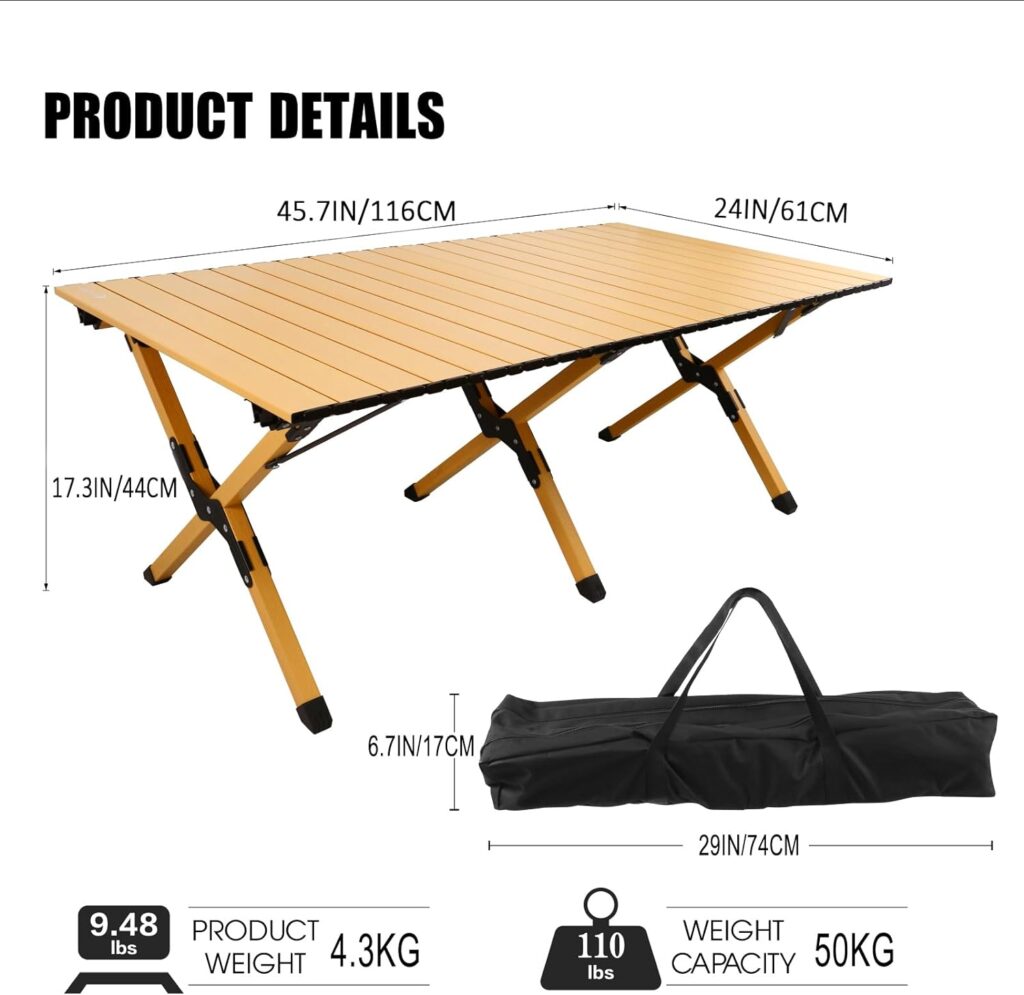 Rollingsurfer Folding Camping Table, Lightweight Roll-Up Table Aluminum Low Portable Picnic Table with Easy Carrying Bag for Outdoor, Beach, Picnic, Backyards, BBQ and Party, 45.7L x 24W x 17.3H