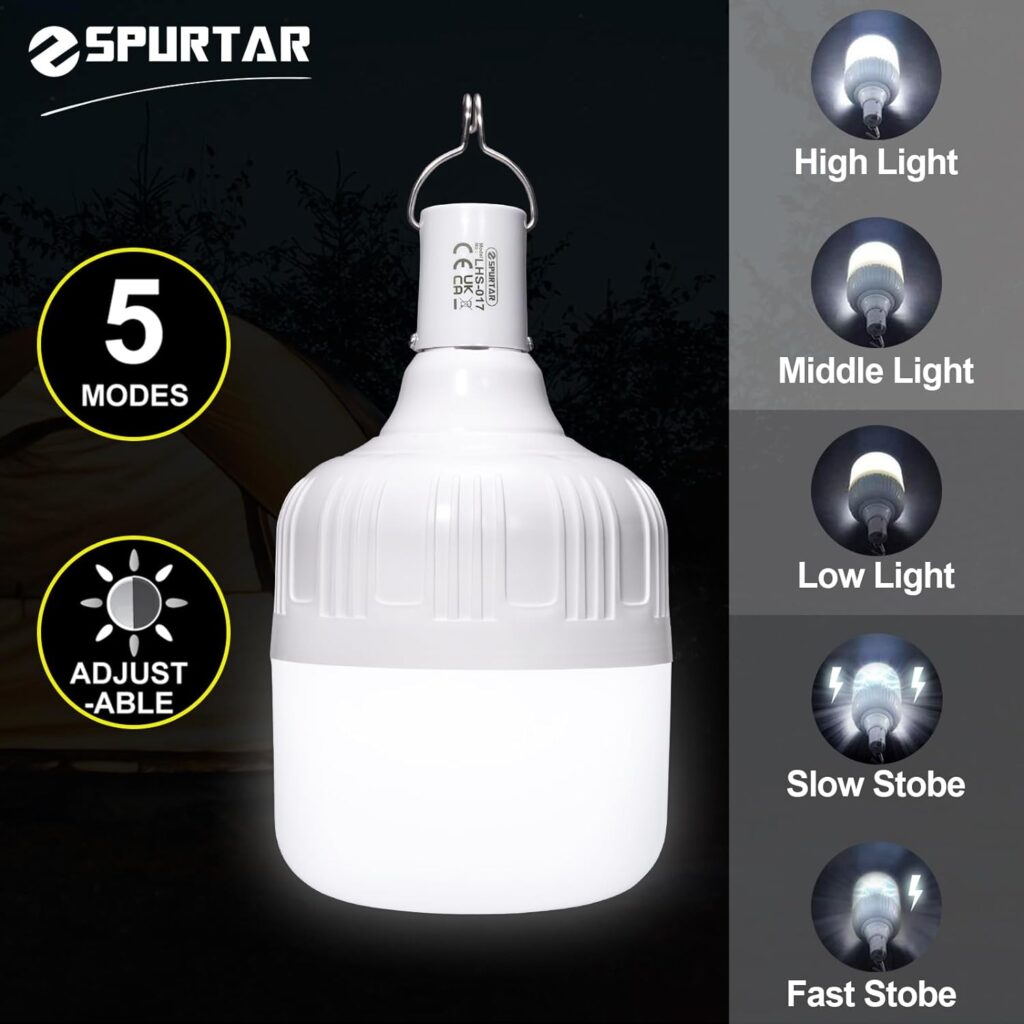 Spurtar 2pcs Camping Lanterns Rechargeable 4800 Lumen LED Camping Light 5 Lighting Modes 60W Hanging Tent Light Battery Operated Camping Lamp for Outdoor/Patio/BBQ/Camping/Hiking/Repairing