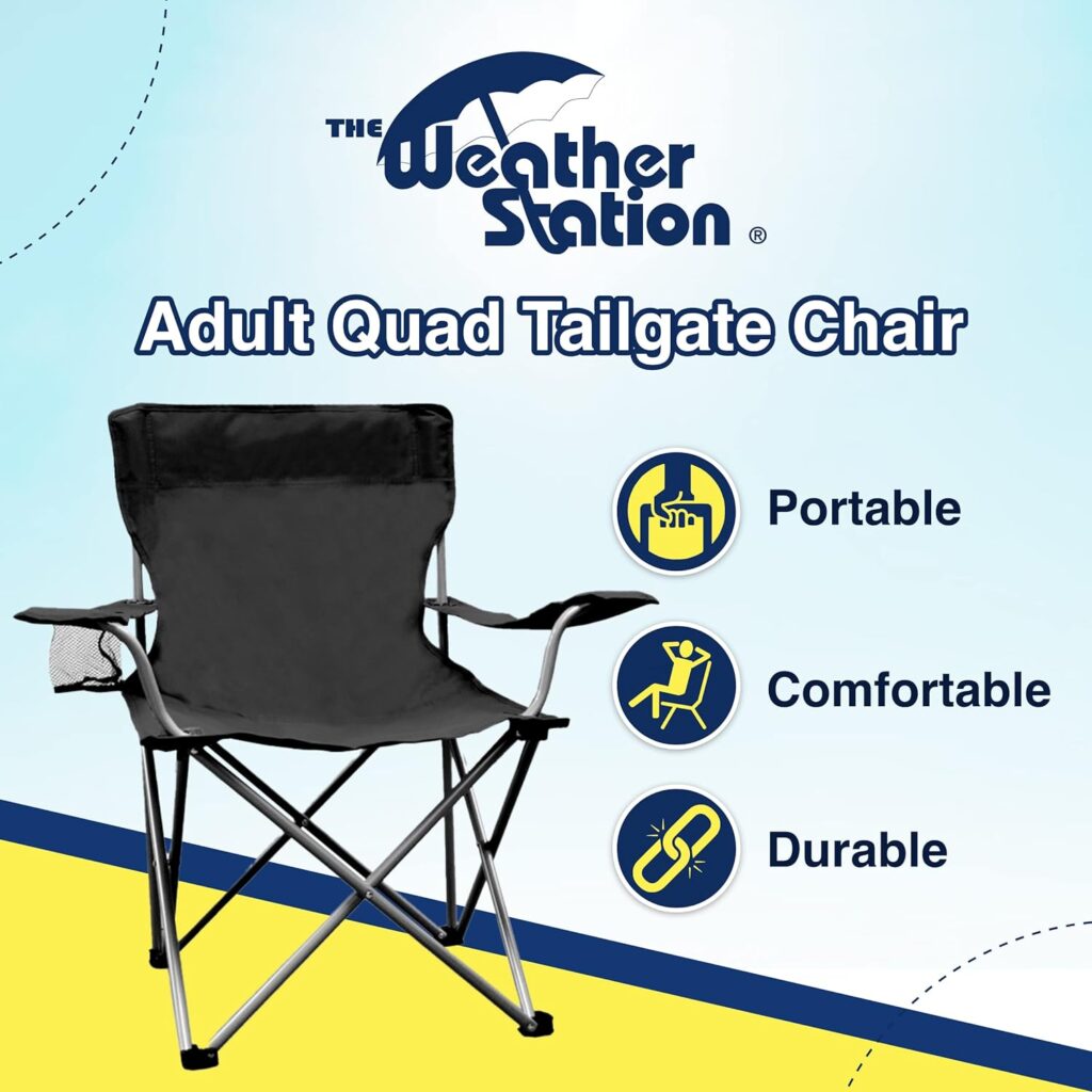 The Weather Station Camping, Lightweight and Portable Outdoor Folding Tailgate Quad Chair with Cup Holder and Armrests, Blue