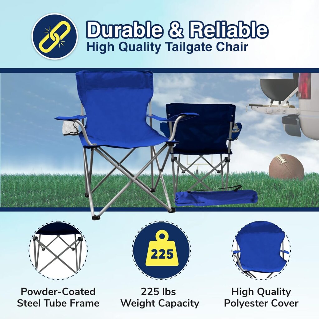 The Weather Station Camping, Lightweight and Portable Outdoor Folding Tailgate Quad Chair with Cup Holder and Armrests, Blue