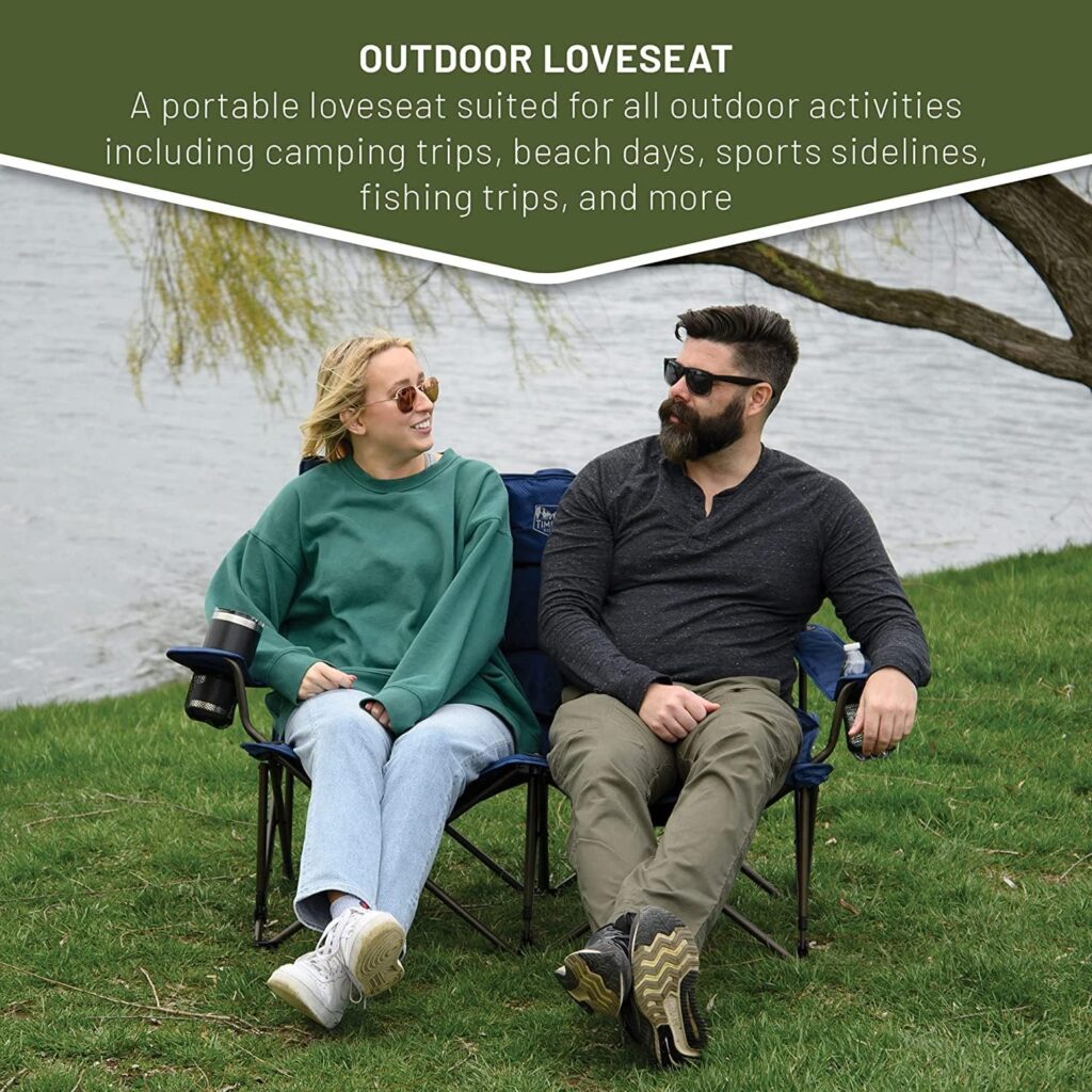 TIMBER RIDGE 2 Person Folding Loveseat Comfortable Double Foldable Camping Chair Folding Lawn chairs for Outside, Grey