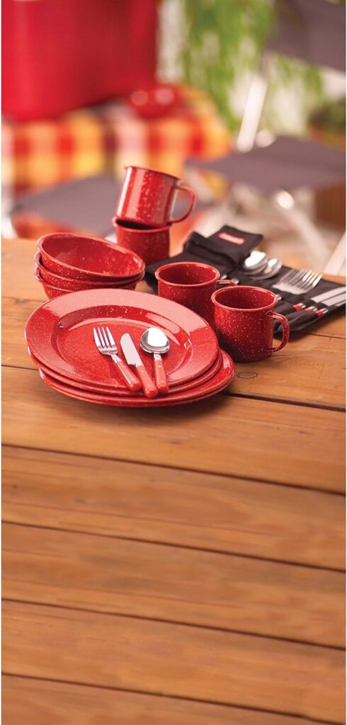 Coleman 24-Piece Enamel Dinnerware Set, Red