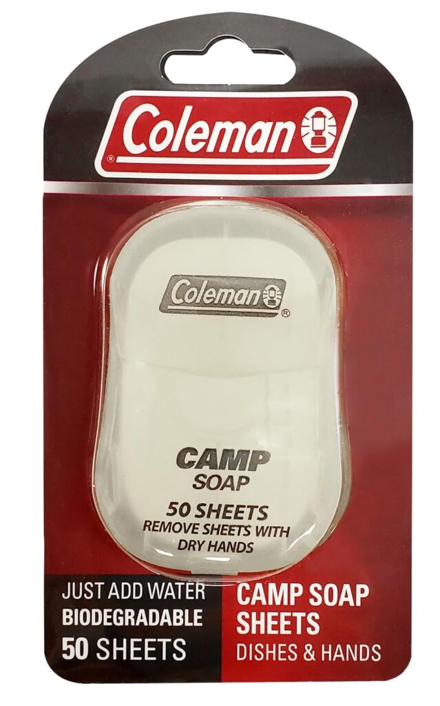 Coleman Camp Soap Sheets Dispenser - Portable Hand and Dish Soap for Traveling, Camping, and Outdoor Adventures - Biodegradable Travel Soap Sheets - Essential Camping Gear - 50 Sheets and Dispenser