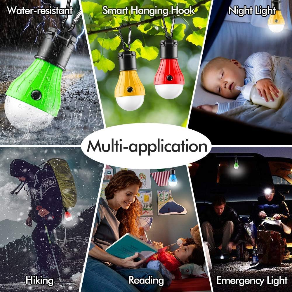 FLY2SKY Tent Lamp Portable LED Tent Light 4 Packs Hook Hurricane Emergency Lights LED Camping Light Bulb Camping Tent Lantern Bulb Camping Equipment for Camping Hiking Backpacking Fishing Outage