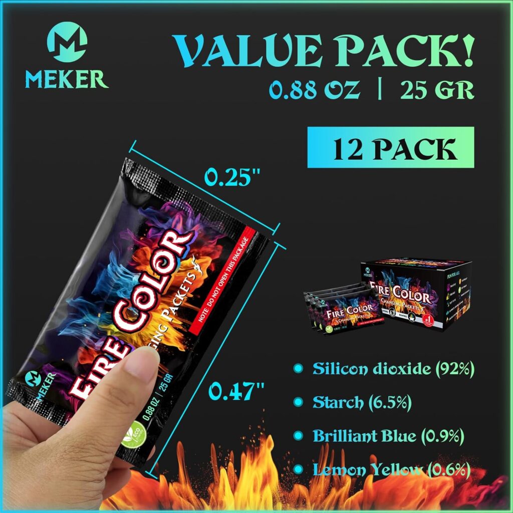 MEKER Fire Color Changing Packets - Fire Pit, Campfires, Outdoor Fireplaces, Bonfire - Magic Colorful Changing Fire - Perfect Fire Camping Accessories for Kids  Adults (12 Pack)