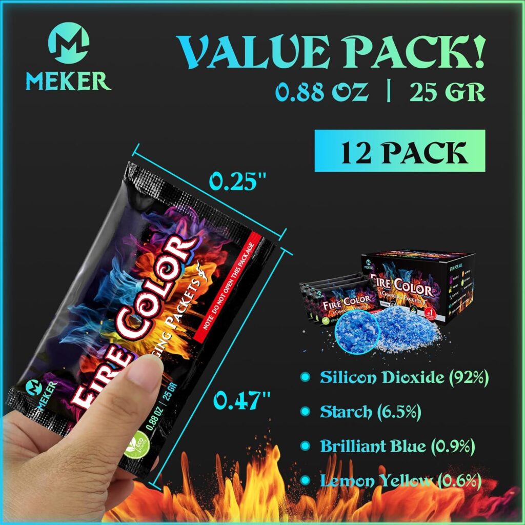 MEKER Fire Color Changing Packets - Fire Pit, Campfires, Outdoor Fireplaces, Bonfire - Magic Colorful Changing Fire - Perfect Fire Camping Accessories for Kids  Adults (12 Pack)