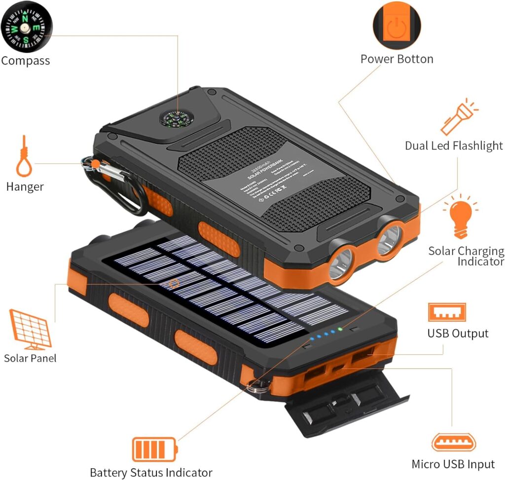 Solar Charger Power Bank, 38800mAh Portable Charger Fast Charger Dual USB Port Built-in Led Flashlight and Compass for All Cell Phone and Electronic Devices