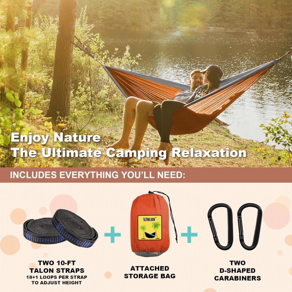 SZHLUX Camping Hammock Double  Single Portable Hammocks with 2 Tree Straps and Attached Carry Bag,Great for Outdoor,Indoor,Beach,Camping,Light Grey / Sky Blue