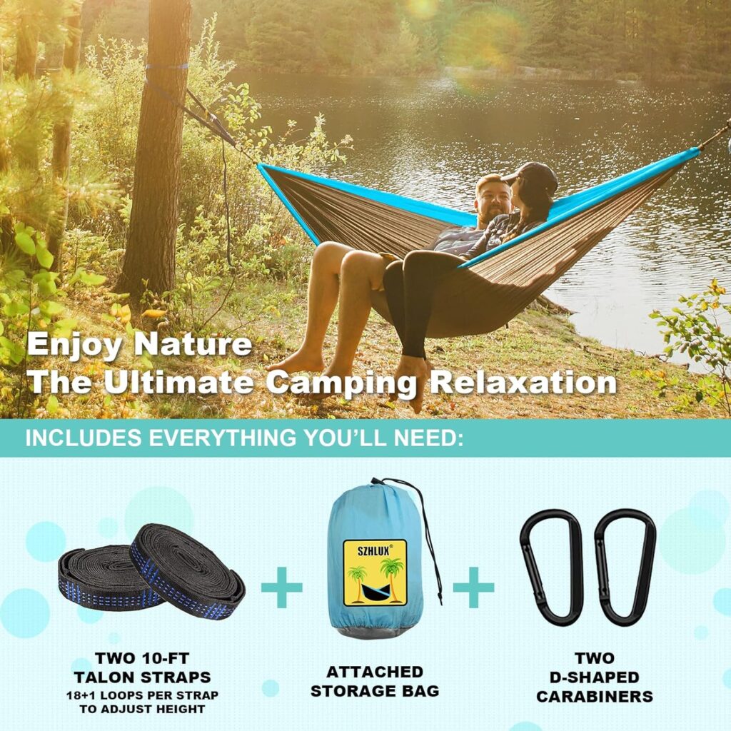 SZHLUX Camping Hammock Double  Single Portable Hammocks with 2 Tree Straps and Attached Carry Bag,Great for Outdoor,Indoor,Beach,Camping,Light Grey / Sky Blue