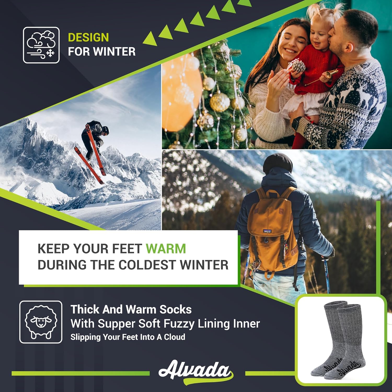 alvada mens merino wool crew socks thermal and warm socks for winter work hiking running 3 pairs 2