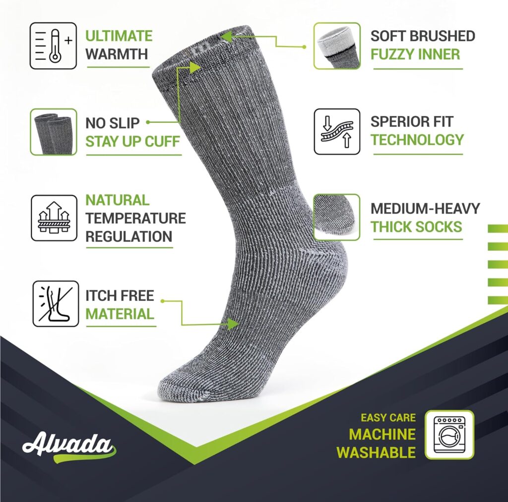 Alvada Mens Merino Wool Crew Socks Thermal and Warm Socks for Winter Work Hiking Running 3 Pairs