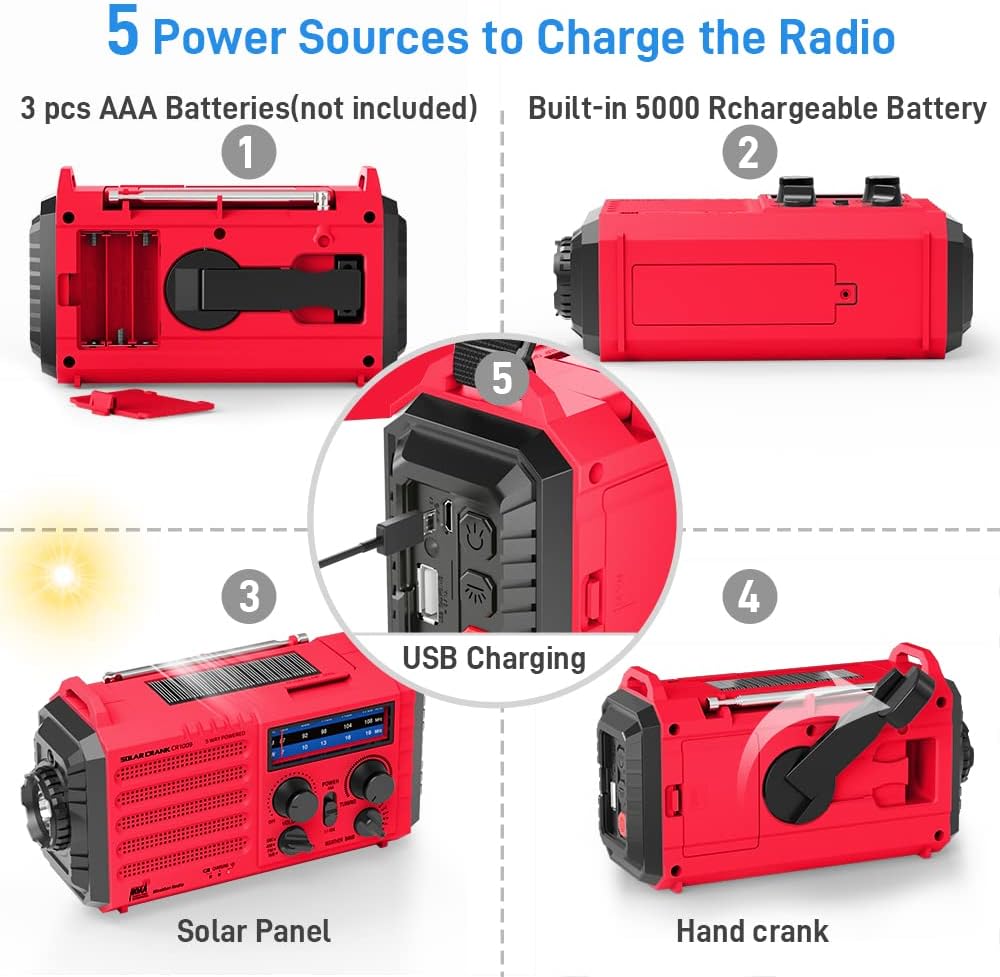 Emergency Radio with NOAA Weather Alert, Portable Solar Hand Crank AM/FM Radio for Survival,Rechargeable Battery Powered Radio,USB Charger,Flashlight,Reading Lamp,for Home Outdoor