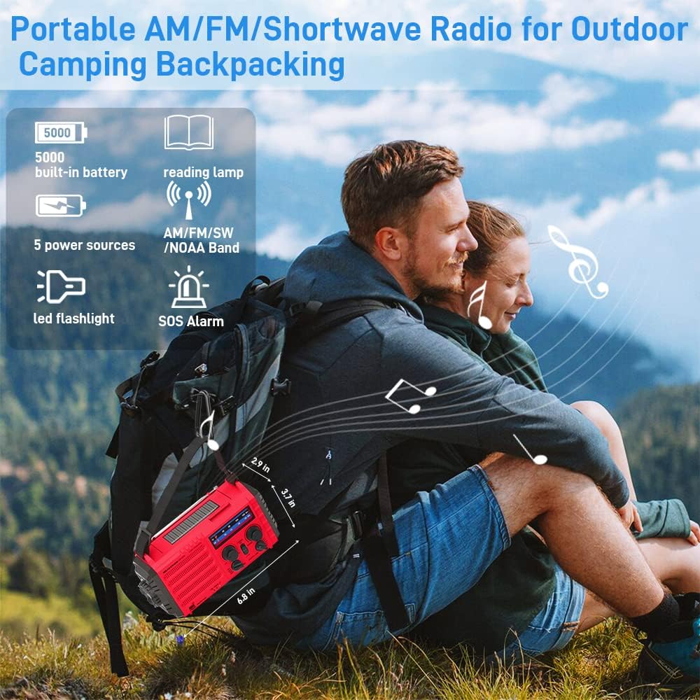 Emergency Radio with NOAA Weather Alert, Portable Solar Hand Crank AM/FM Radio for Survival,Rechargeable Battery Powered Radio,USB Charger,Flashlight,Reading Lamp,for Home Outdoor