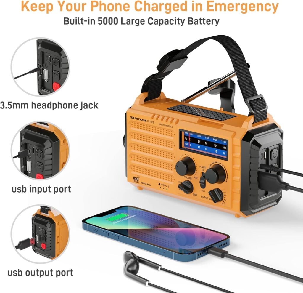 Emergency Radio with NOAA Weather Alert, Portable Solar Hand Crank AM/FM Radio for Survival,Rechargeable Battery Powered Radio,USB Charger,Flashlight,Reading Lamp,for Home Outdoor