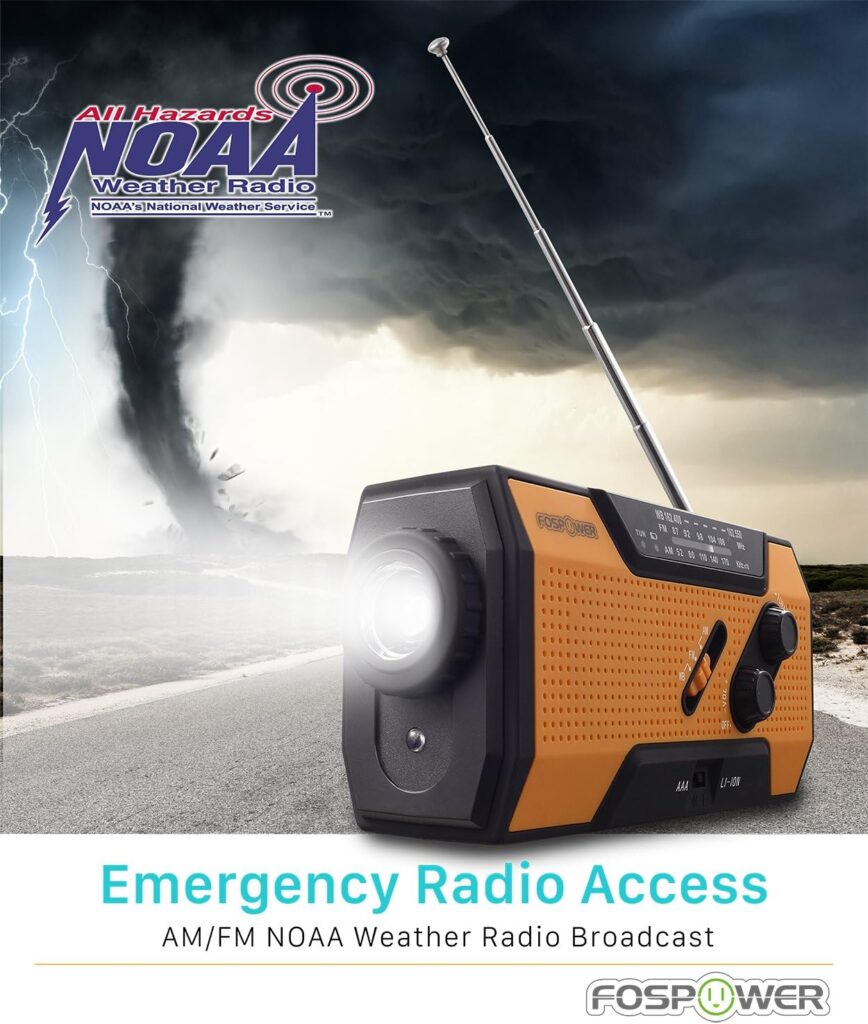 FosPower Emergency Weather Radio (Model A1) NOAA/AM/FM with 2000mAh/7400mWh Portable Power Bank, USB/Solar/Hand Crank Charging, Battery Operated, SOS Alarm  Flashlight for Indoor/Outdoor Emergencies