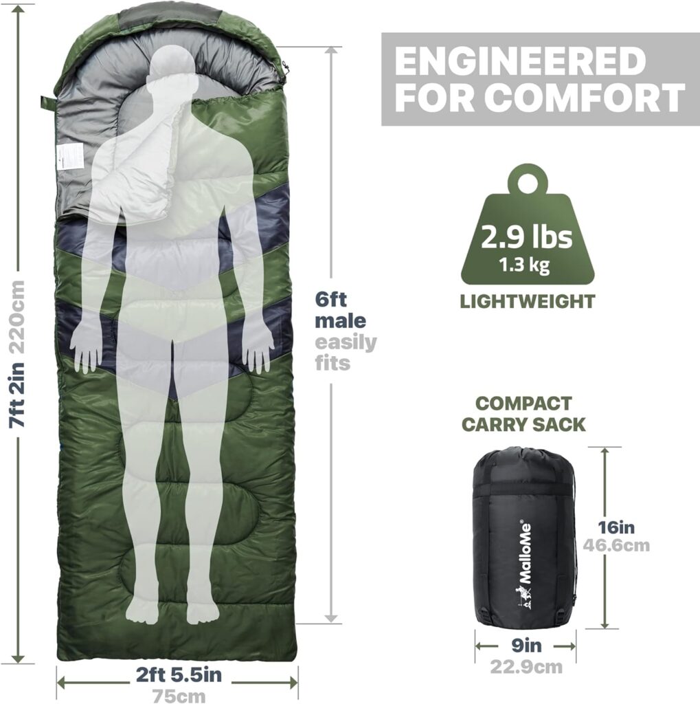 MalloMe Sleeping Bags for Adults Cold Weather  Warm - Backpacking Camping Sleeping Bag for Kids 10-12, Girls, Boys - Lightweight Compact Camping Gear Must Haves Hiking Essentials Sleep Accessories