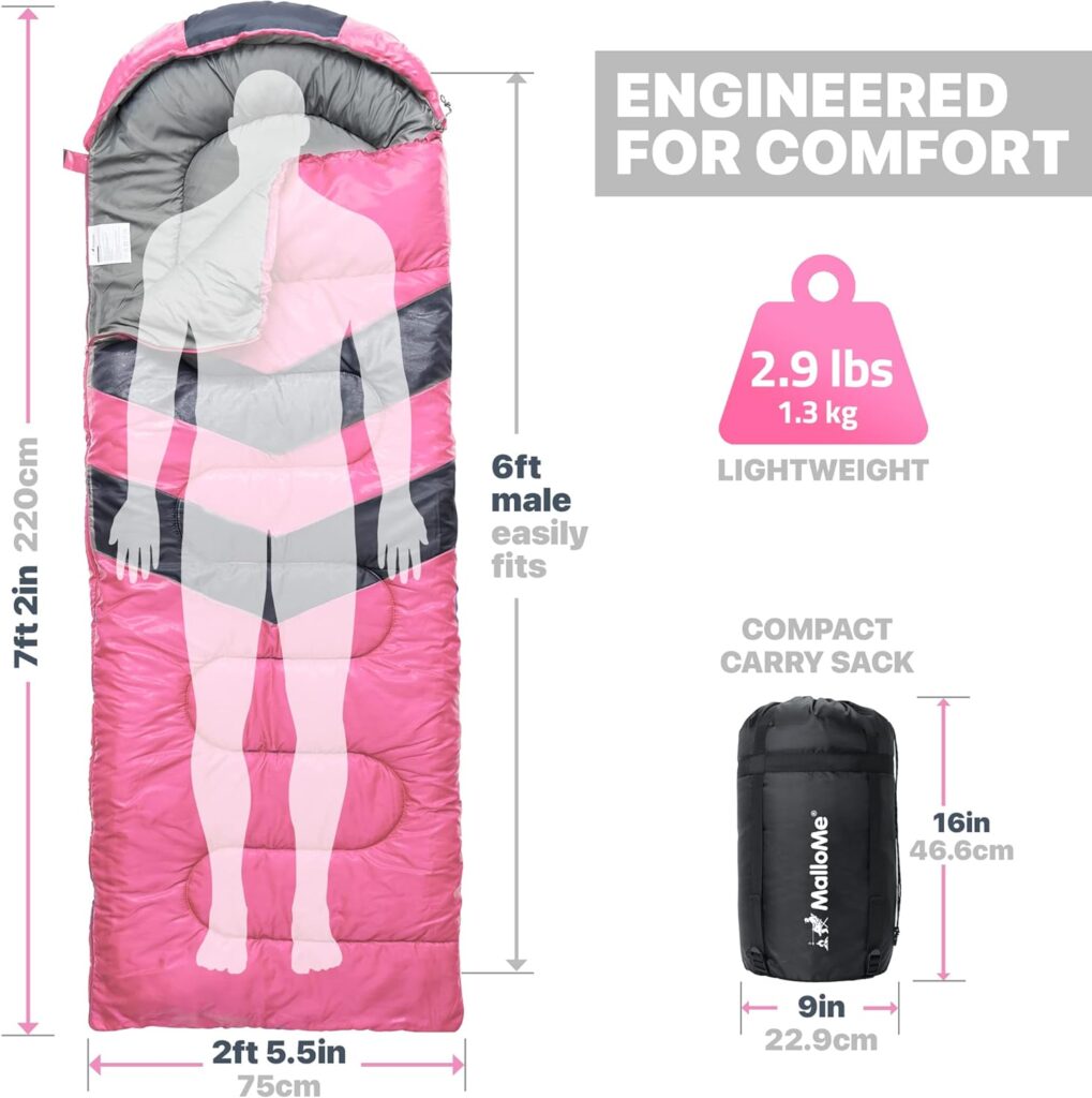 MalloMe Sleeping Bags for Adults Cold Weather  Warm - Backpacking Camping Sleeping Bag for Kids 10-12, Girls, Boys - Lightweight Compact Camping Gear Must Haves Hiking Essentials Sleep Accessories