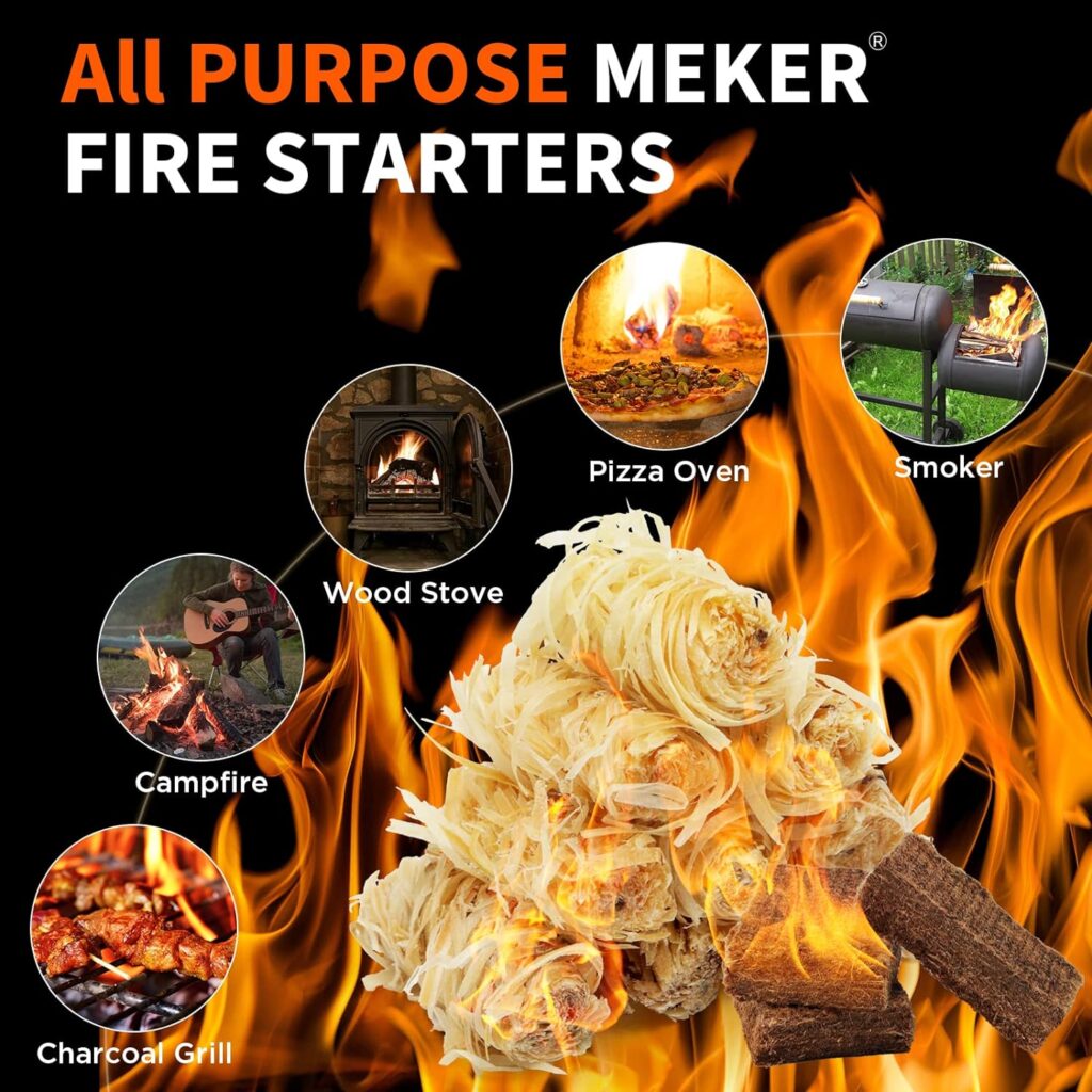 MEKER Fire Starters - Natural Fire Starters for Fireplace, Campfires, Fire Pit, BBQ Grill, Wood Stove, All Weather Charcoal Starter, Wood Wool Firelighters  Odorless Fire Starter Eco Friendly