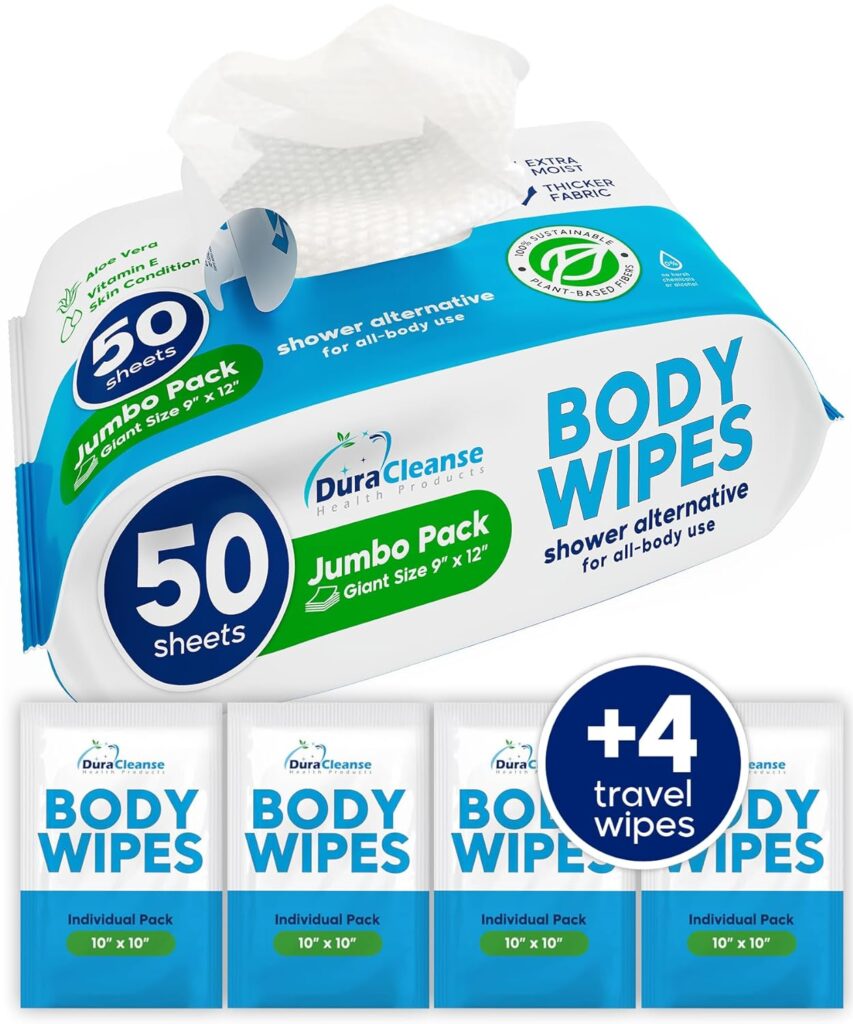 XL Body Wipes (50 Count) + 4 Travel Shower Wipes for Adults Bathing No Rinse - 9 x 12 Thick Cleansing Bath Wash Wipes for Men and Women - Disposable Washcloths for Camping  Elderly Incontinence