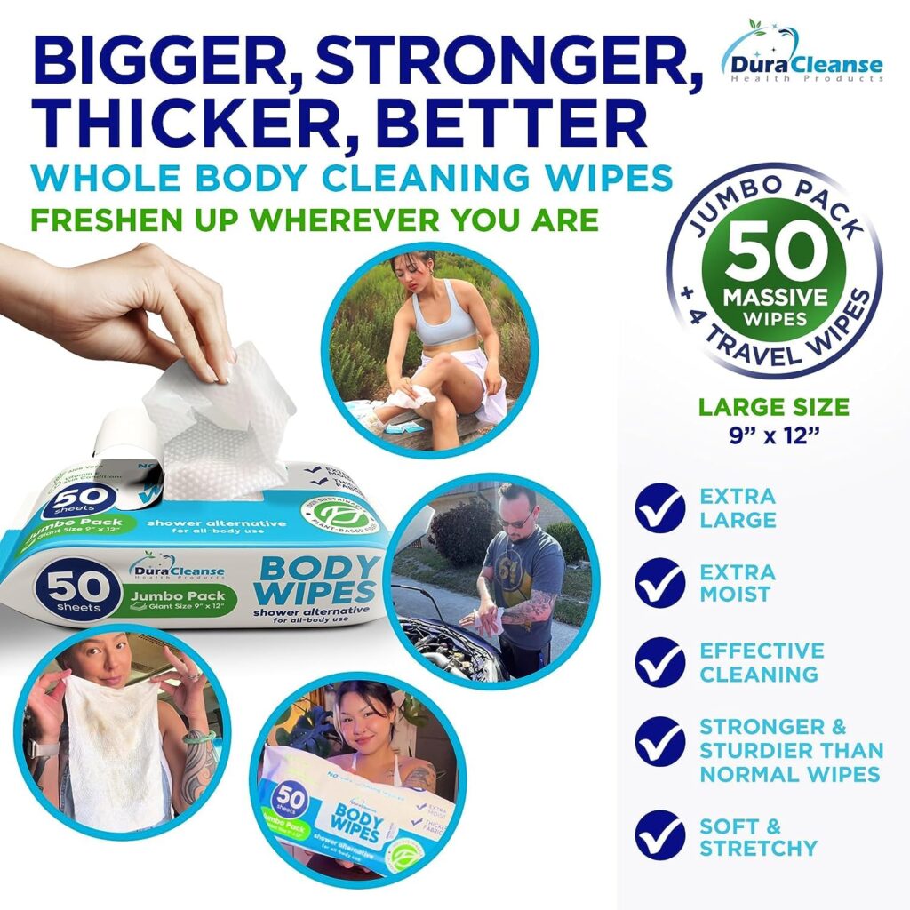 XL Body Wipes (50 Count) + 4 Travel Shower Wipes for Adults Bathing No Rinse - 9 x 12 Thick Cleansing Bath Wash Wipes for Men and Women - Disposable Washcloths for Camping  Elderly Incontinence