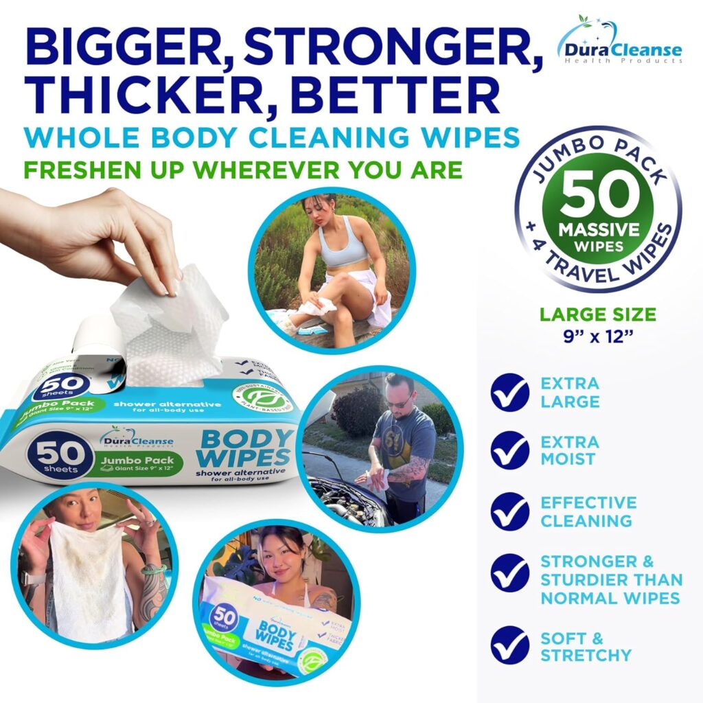 XL Body Wipes (50 Count) + 4 Travel Shower Wipes for Adults Bathing No Rinse - 9 x 12 Thick Cleansing Bath Wash Wipes for Men and Women - Disposable Washcloths for Camping  Elderly Incontinence