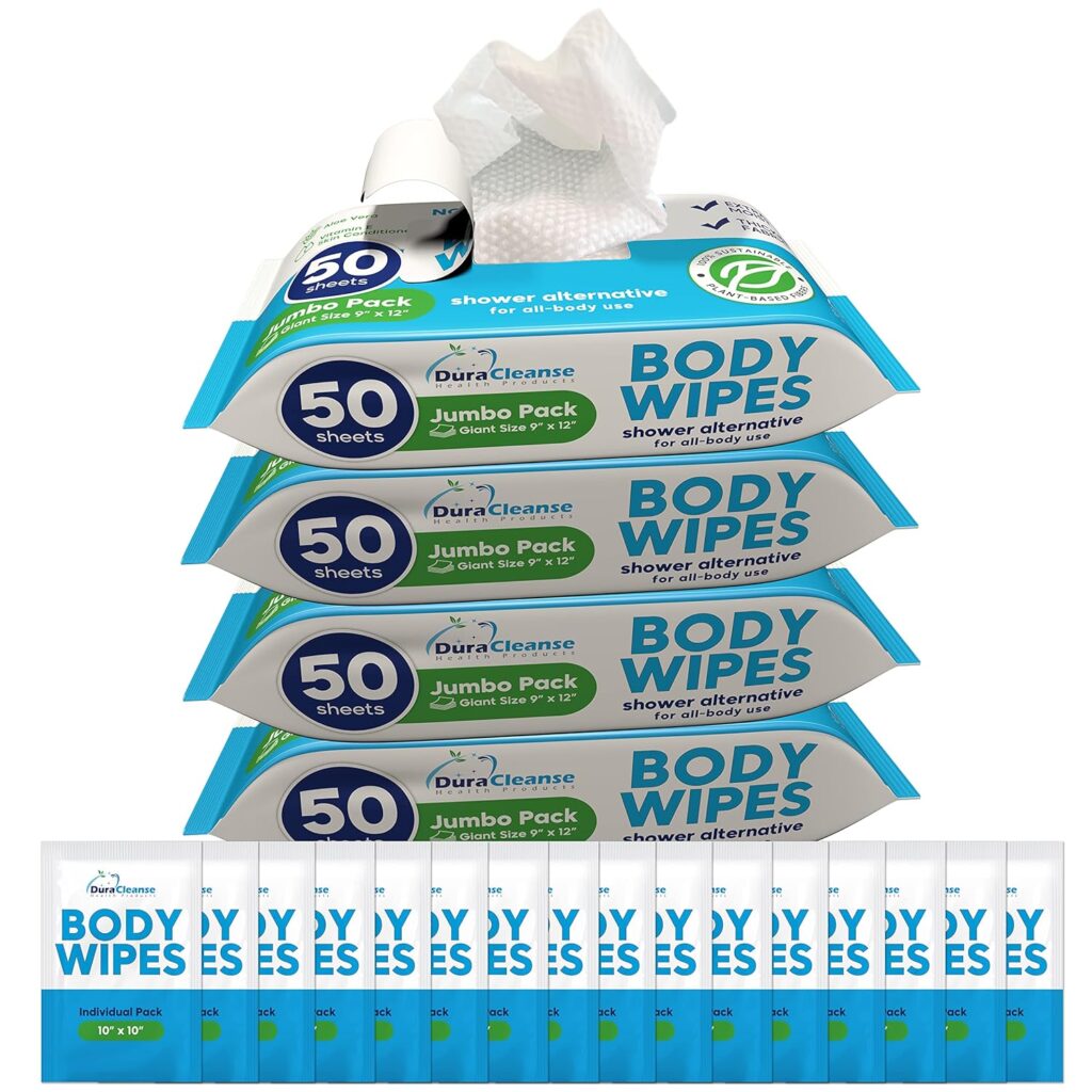 XL Body Wipes (50 Count) + 4 Travel Shower Wipes for Adults Bathing No Rinse - 9 x 12 Thick Cleansing Bath Wash Wipes for Men and Women - Disposable Washcloths for Camping  Elderly Incontinence