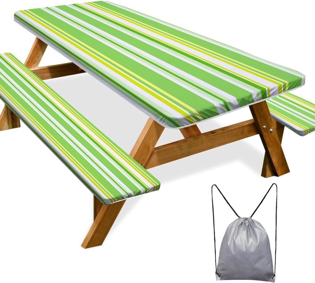 Picnic Table Cover with Bench Covers Camping Essentials Waterproof Windproof Camping Tablecloth with Drawstring Bag, Fitted Rectangle Tables and Seats, 72in, Green Blue